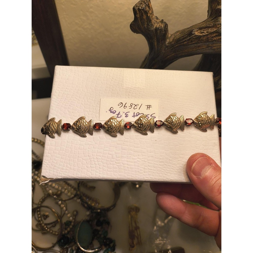 Unique Sterling Silver Garnet And Marcasite Fish Bracelet 8 Inches